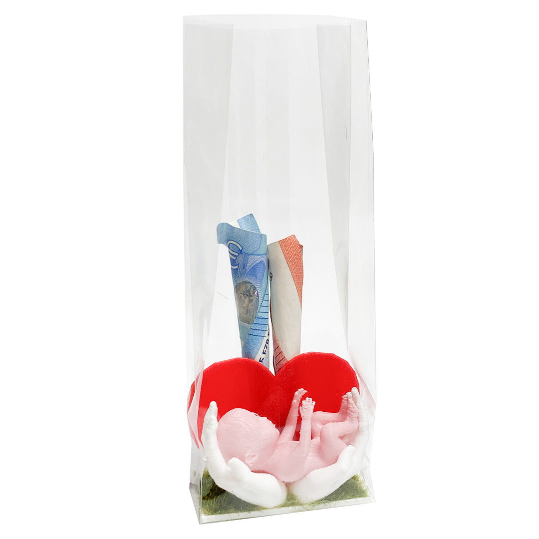 Geboortegeld - Baby op handen gedragen met hart