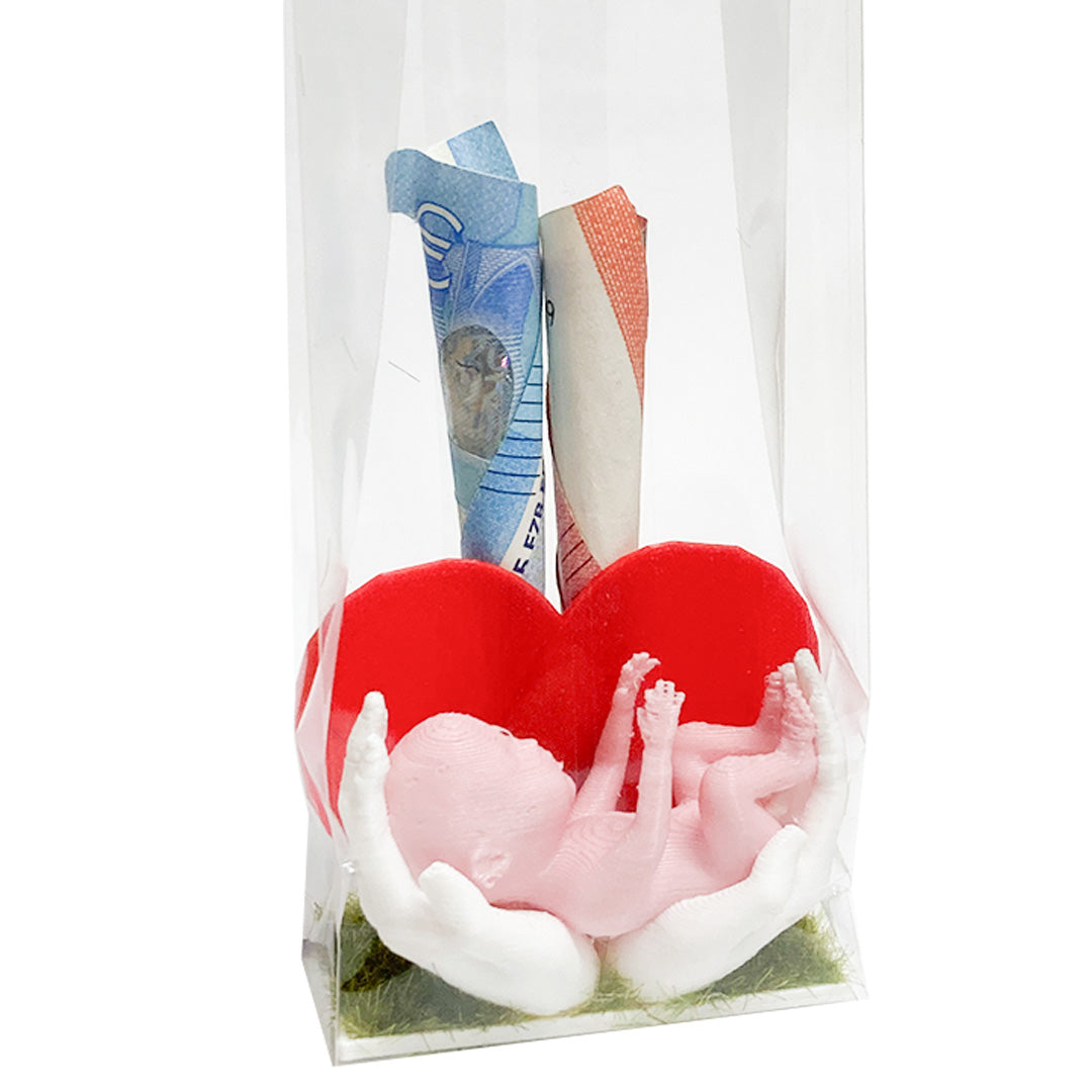 Geboortegeld - Baby op handen gedragen met hart